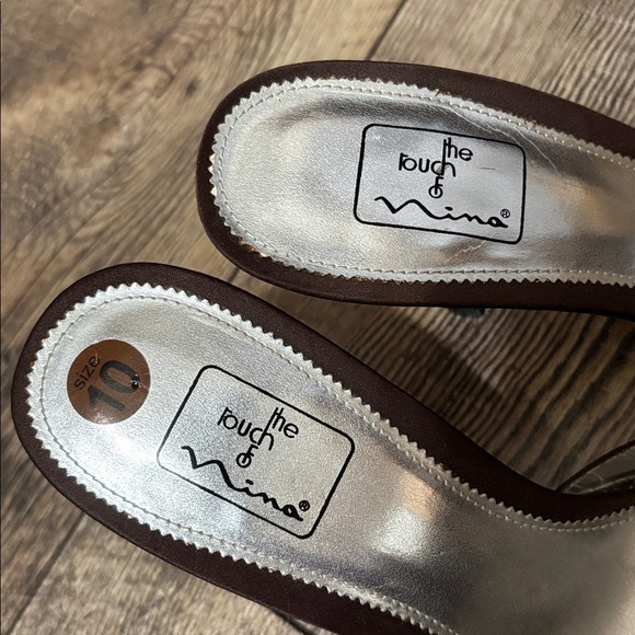 Boutique Brown Satin Heeled Mules with Crystal Flower - Picture 3 of 5